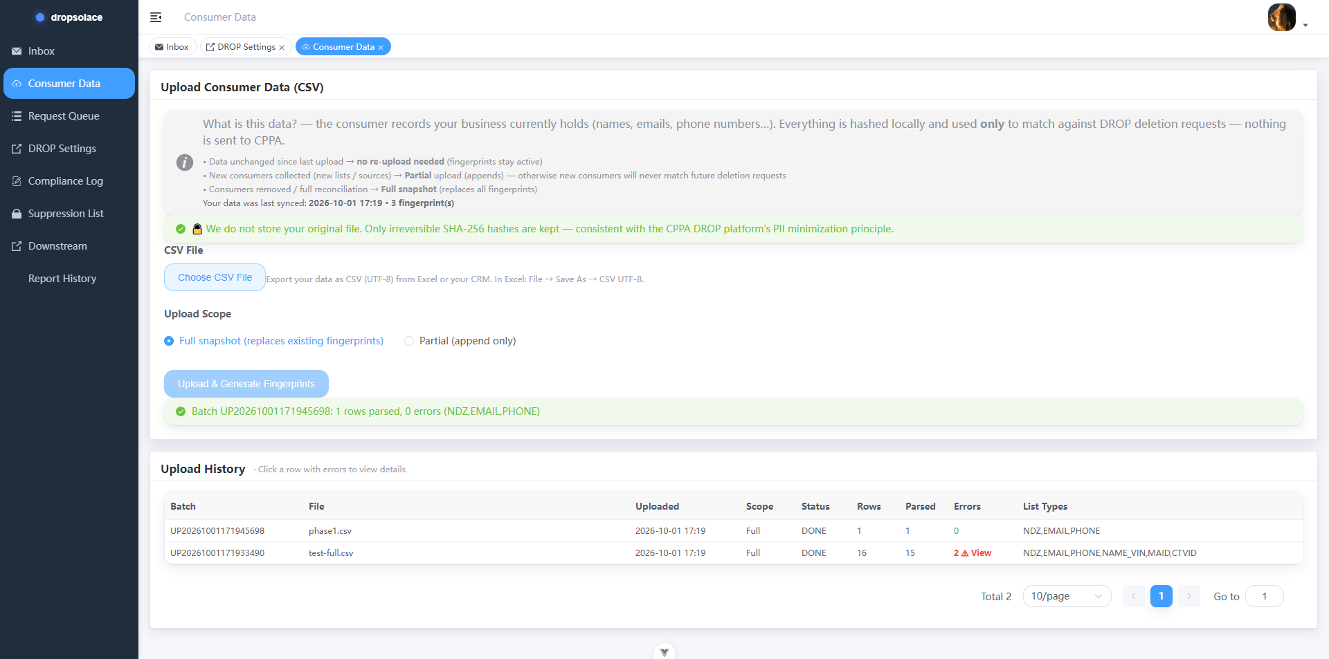 Consumer Data upload with column mapping and privacy notice