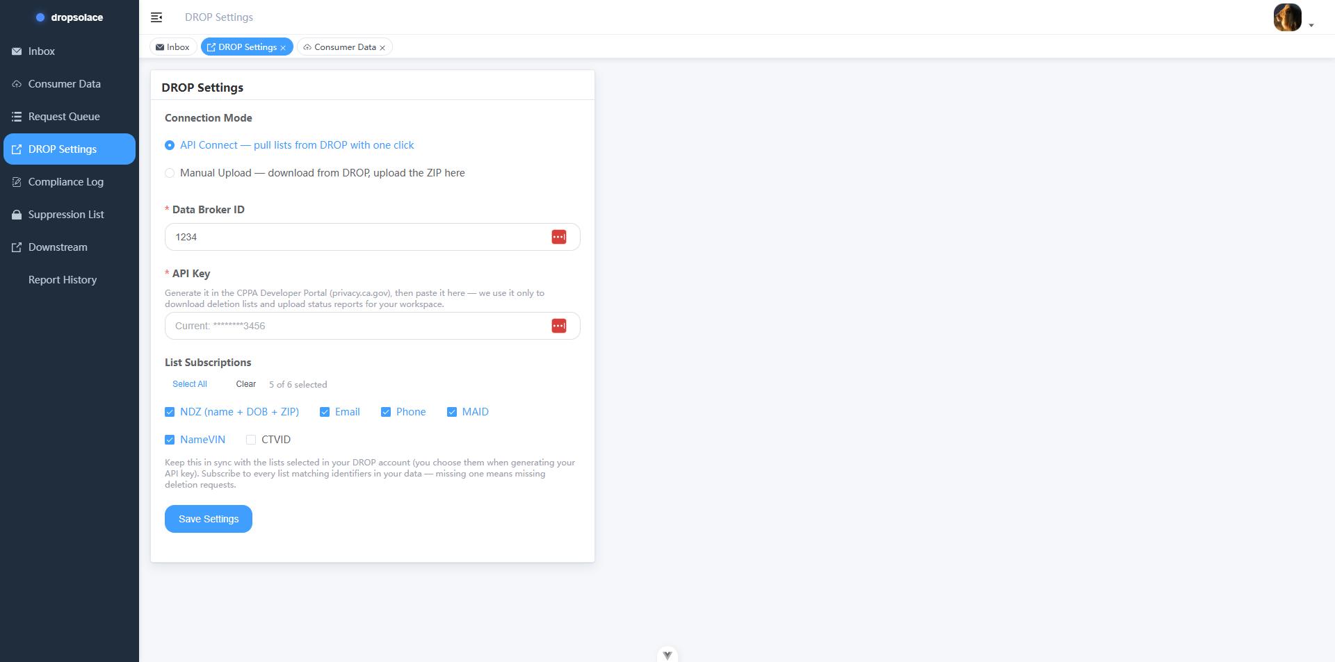 DROP Settings — API Connect or Manual Upload mode